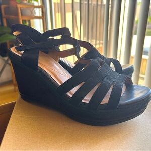 Black Strappy Wedge Sandals Clarks worn once; sold in box.